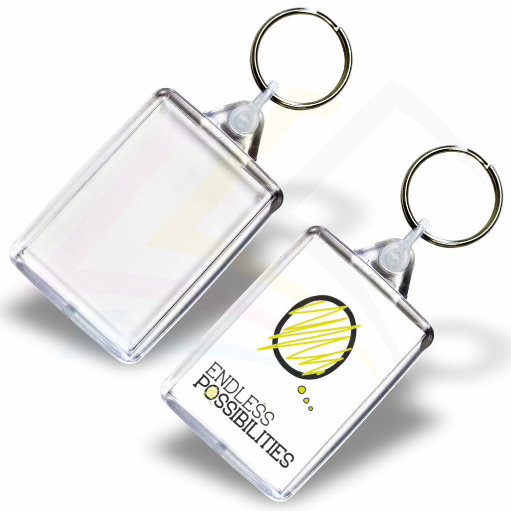 C6 Rectangular 50x35mm Photo Insert Acrylic Keyring - Blank or Printed - Pack of 50