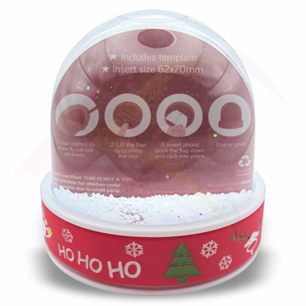DSP01S-RD Premium Acrylic Snow Dome with 3D Soft Touch Christmas Base 70x62mm Photo Insert - Blank or Printed