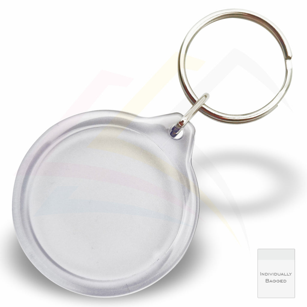I1-IB Round 33mm Photo Insert Acrylic Keyring Individually Bagged - Blank or Printed - Pack of 50