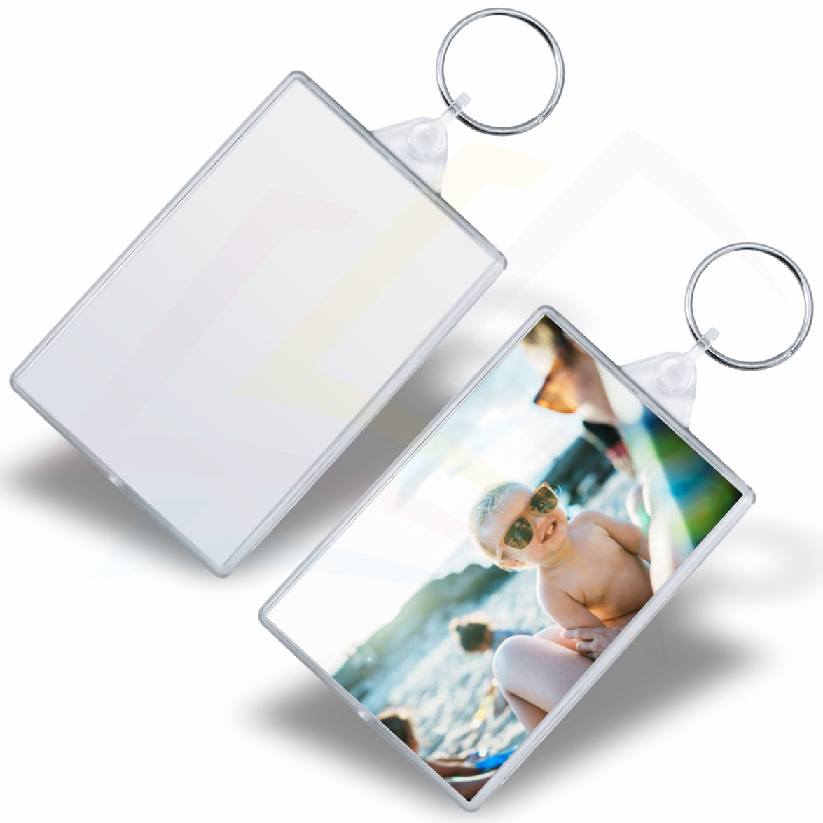 IQ02-10 Rectangular 76x51mm Photo Insert Acrylic Keyring - Blank or Printed - Pack of 10