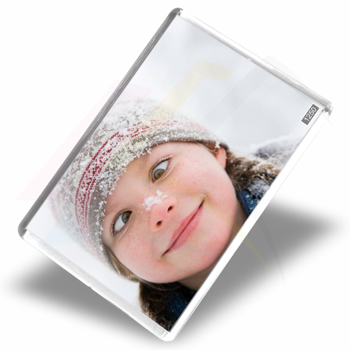 A clear jm02 photo frame fridge magnet which is printed with sequential numbering and assembled.
