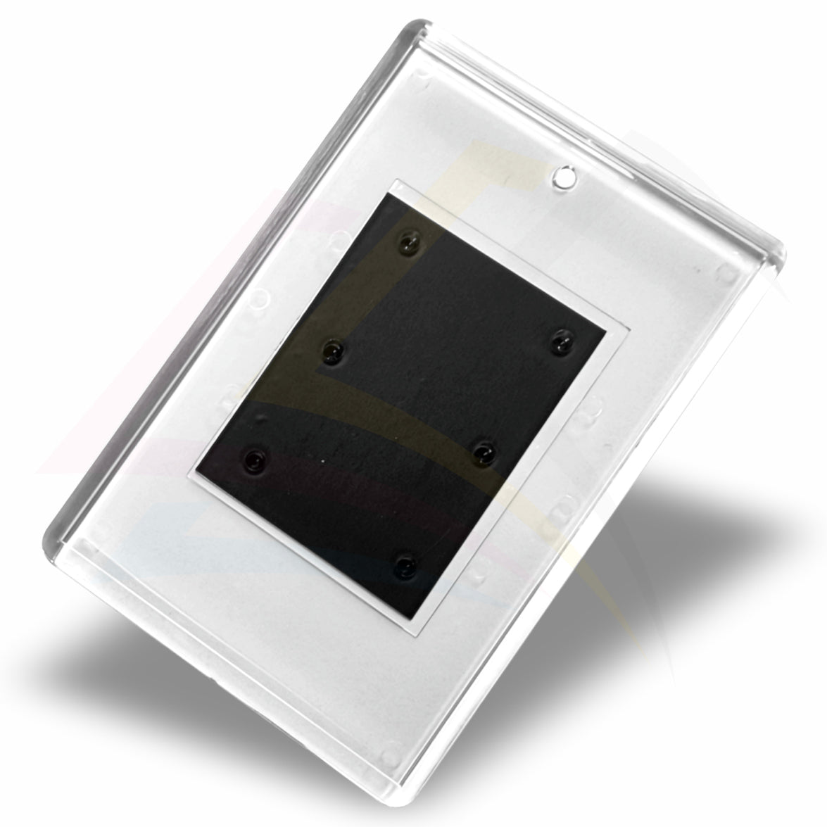 A clear rectangular jm02 acrylic fridge magnet with a blank insert area.