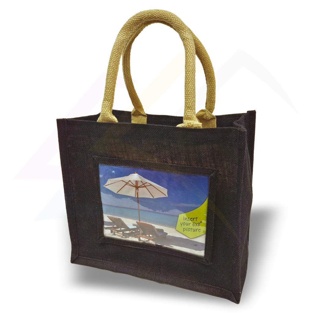 JS68-12 Medium Jute Bag Pink, Black, Natural - 203x152mm Photo Insert - Blank or Printed - Pack of 12