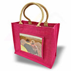 JS81-12 Large Jute Bag Pink, Black, Natural - 254x203mm Photo Insert - Blank or Printed - Pack of 12