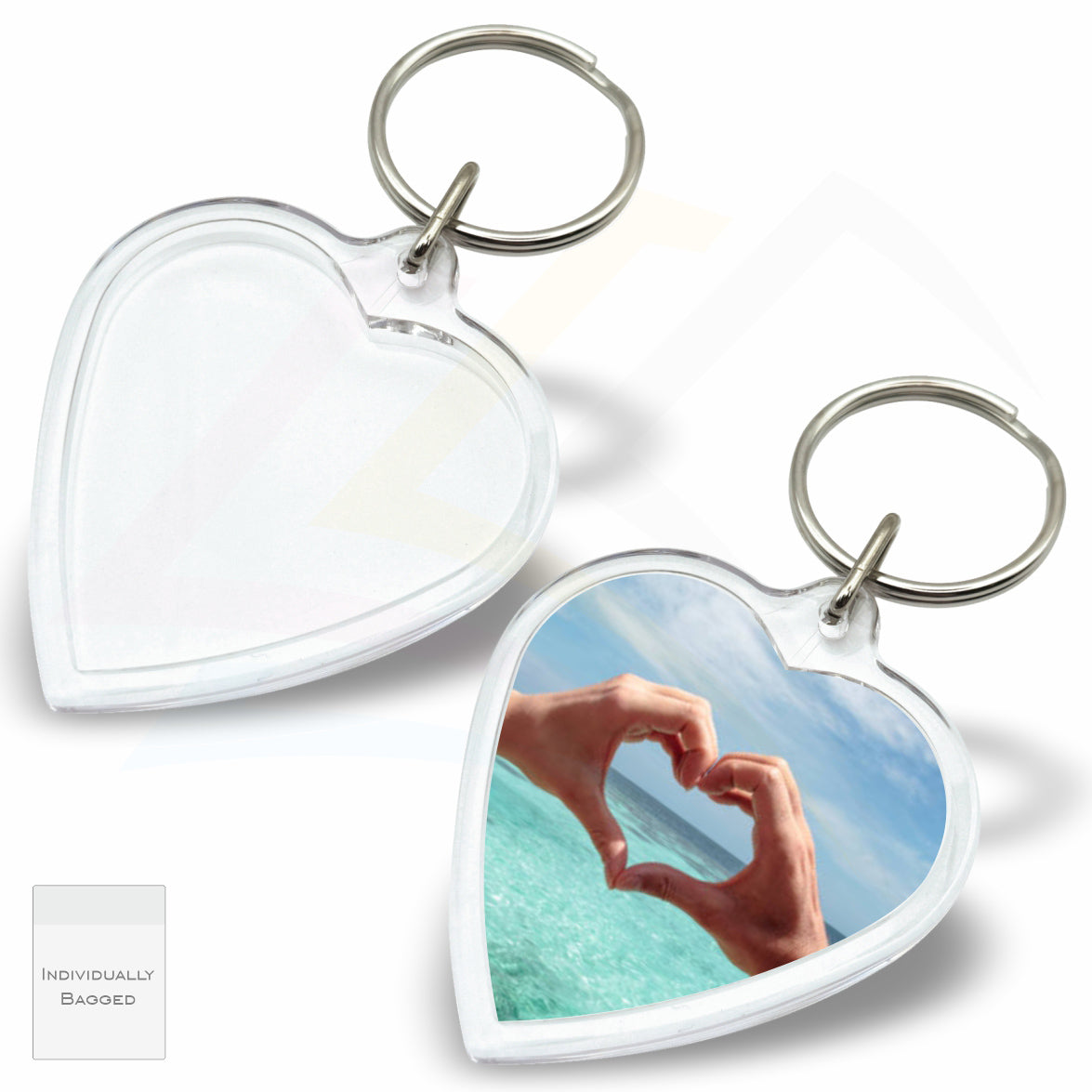 M-HT-10 Mini Heart 40x38mm Photo Insert Acrylic Keyring - Blank or Printed - Pack of 10
