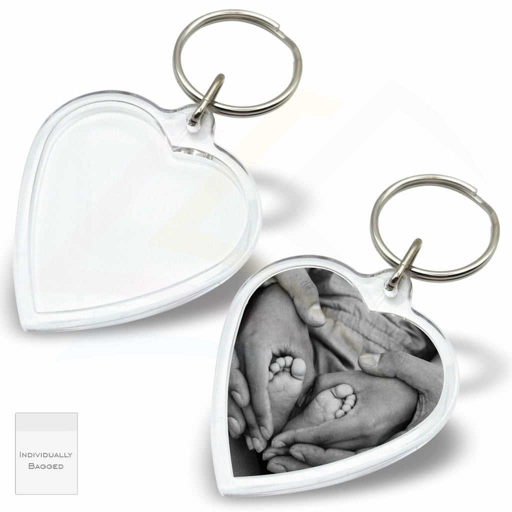 M-HT Mini Heart 40x38mm Photo Insert Acrylic Keyring - Blank or Printed - Pack of 50