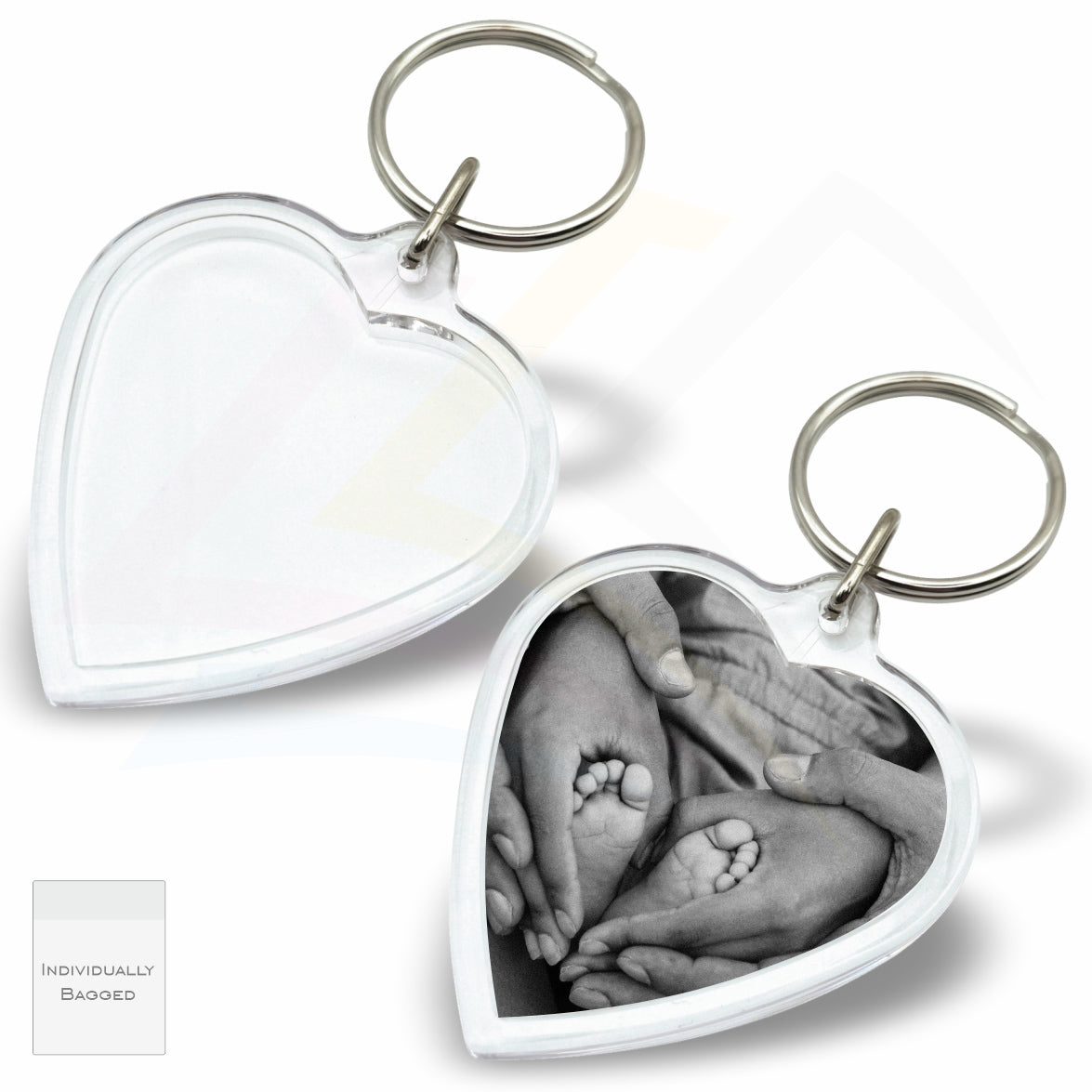 M-HT Mini Heart 40x38mm Photo Insert Acrylic Keyring - Blank or Printed - Pack of 50