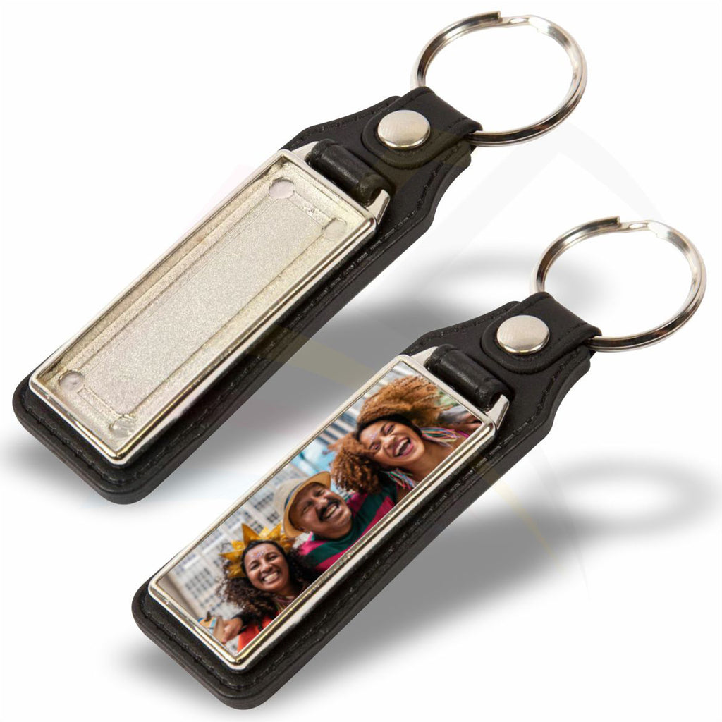 MD18-5 Faux Leather Rectangular 50x18mm Photo Insert Medallion Keyring - Blank or Printed - Pack of 5