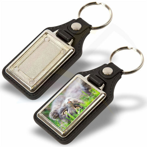 MD40 - 5 Faux Leather Rectangular 40x25mm Photo Insert Medallion Keyring - Blank or Printed - Pack of 5