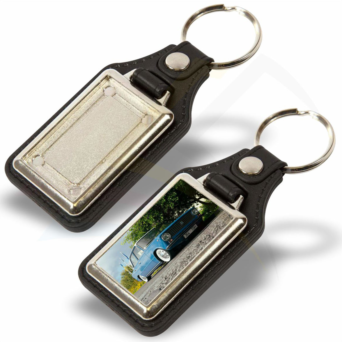 MD40 Faux Leather Rectangular 40x25mm Photo Insert Medallion Keyring - Blank or Printed - Pack of 100