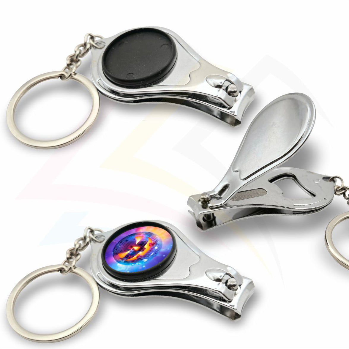 Multi3 Nail Clipper / Bottle Opener Round 25mm Photo Insert Metal Keyring -  Blank or Printed - Pack of 100