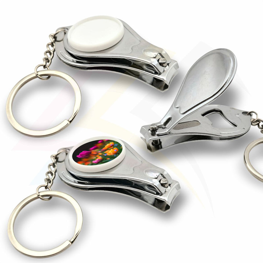 Multi3-5 Nail Clipper / Bottle Opener Round 25mm Photo Insert Metal Keyring -  Blank or Printed - Pack of 5
