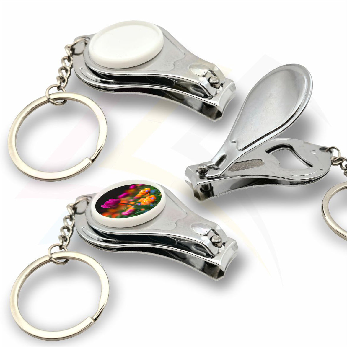 Multi3 Nail Clipper / Bottle Opener Round 25mm Photo Insert Metal Keyring -  Blank or Printed - Pack of 100