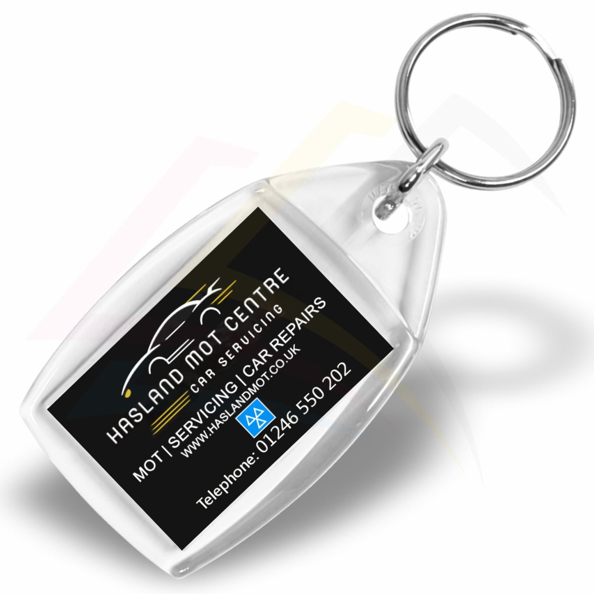 P4 Rectangular 35x24mm Photo Insert Acrylic Keyring - Printed Hasland MOT Centre