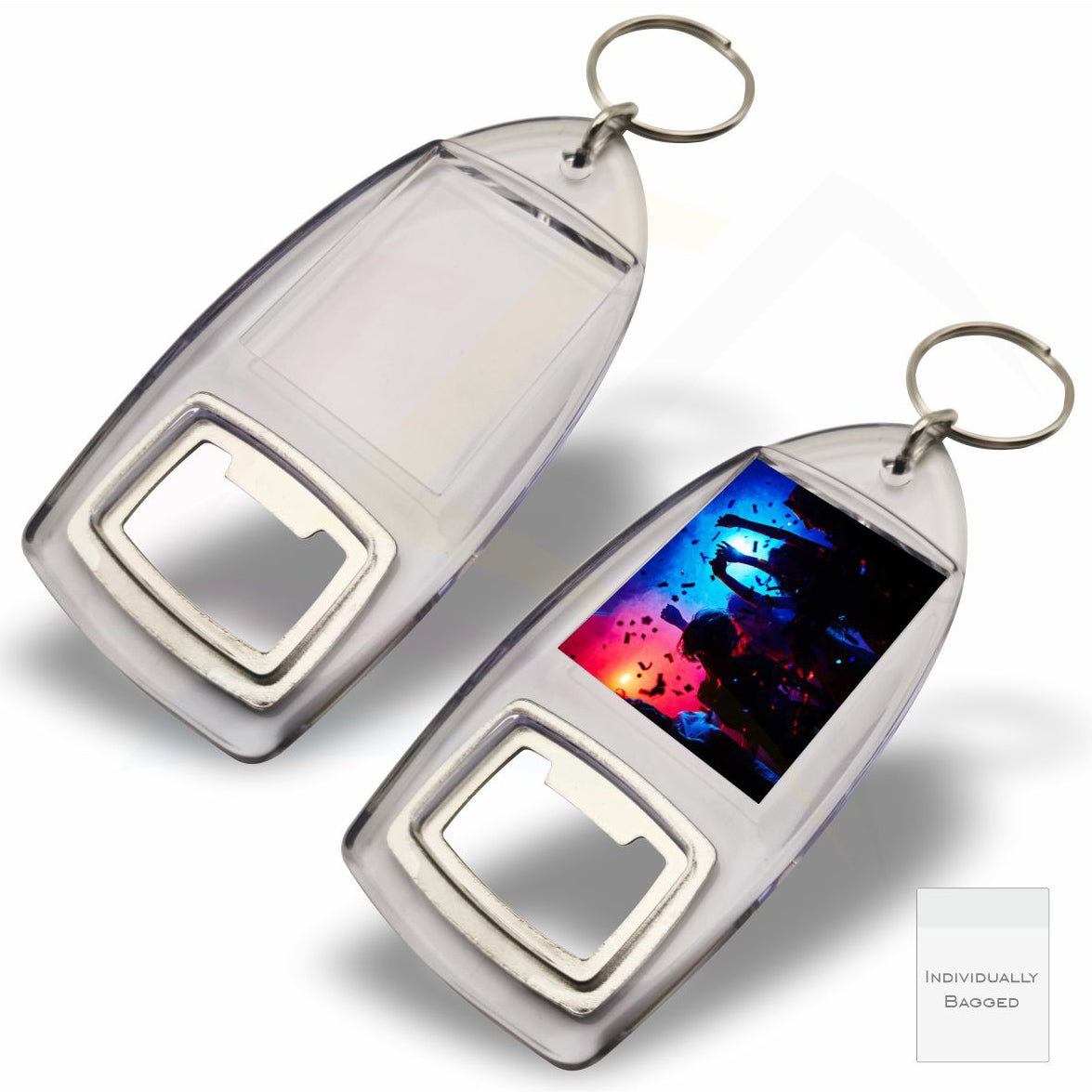 R1-IB-10 Rectangular 40x32mm Photo Insert Acrylic Bottle Opener Keyring - Blank or Printed - Pack of 10