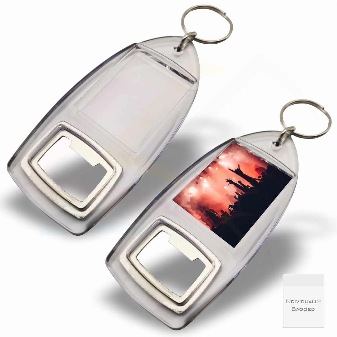 R1-IB Rectangular 40x32mm Photo Insert Acrylic Bottle Opener Keyring - Blank or Printed - Pack of 50