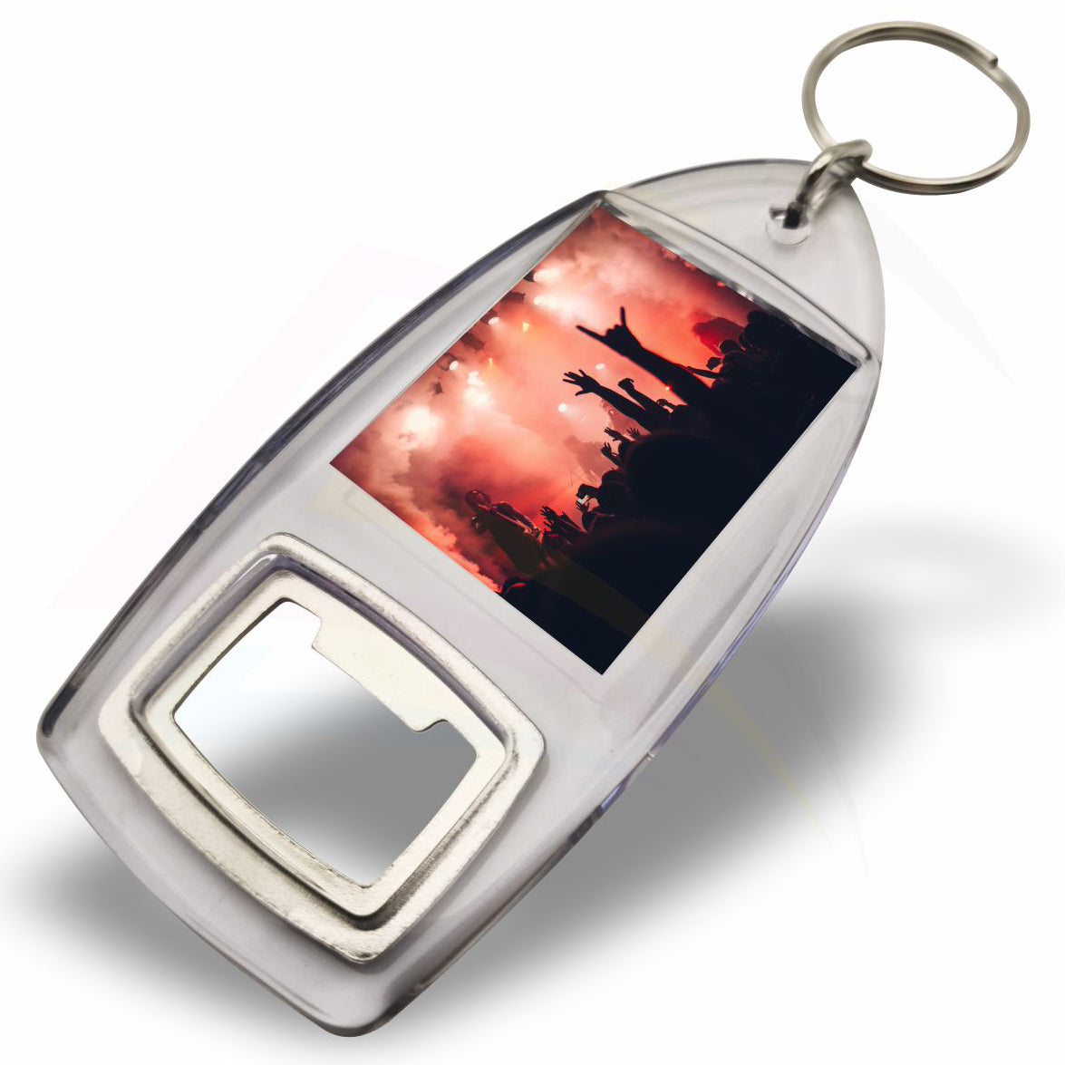 R1-IB Rectangular 40x32mm Photo Insert Acrylic Bottle Opener Keyring - Blank or Printed - Pack of 50