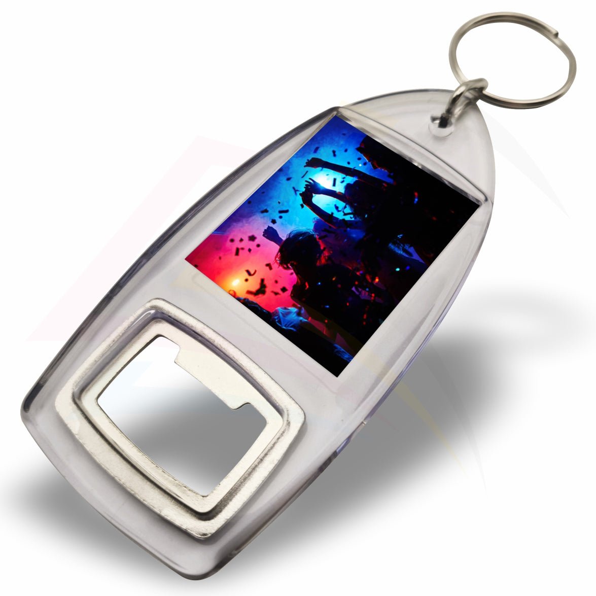 R1 - IB Rectangular 40x32mm Photo Insert Acrylic Bottle Opener Keyring -  Printed Party Scene