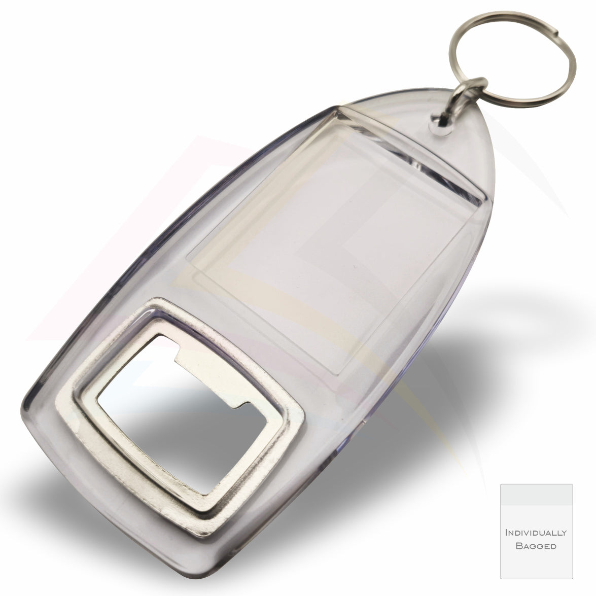 R1-IB Rectangular 40x32mm Photo Insert Acrylic Bottle Opener Keyring - Blank or Printed - Pack of 50