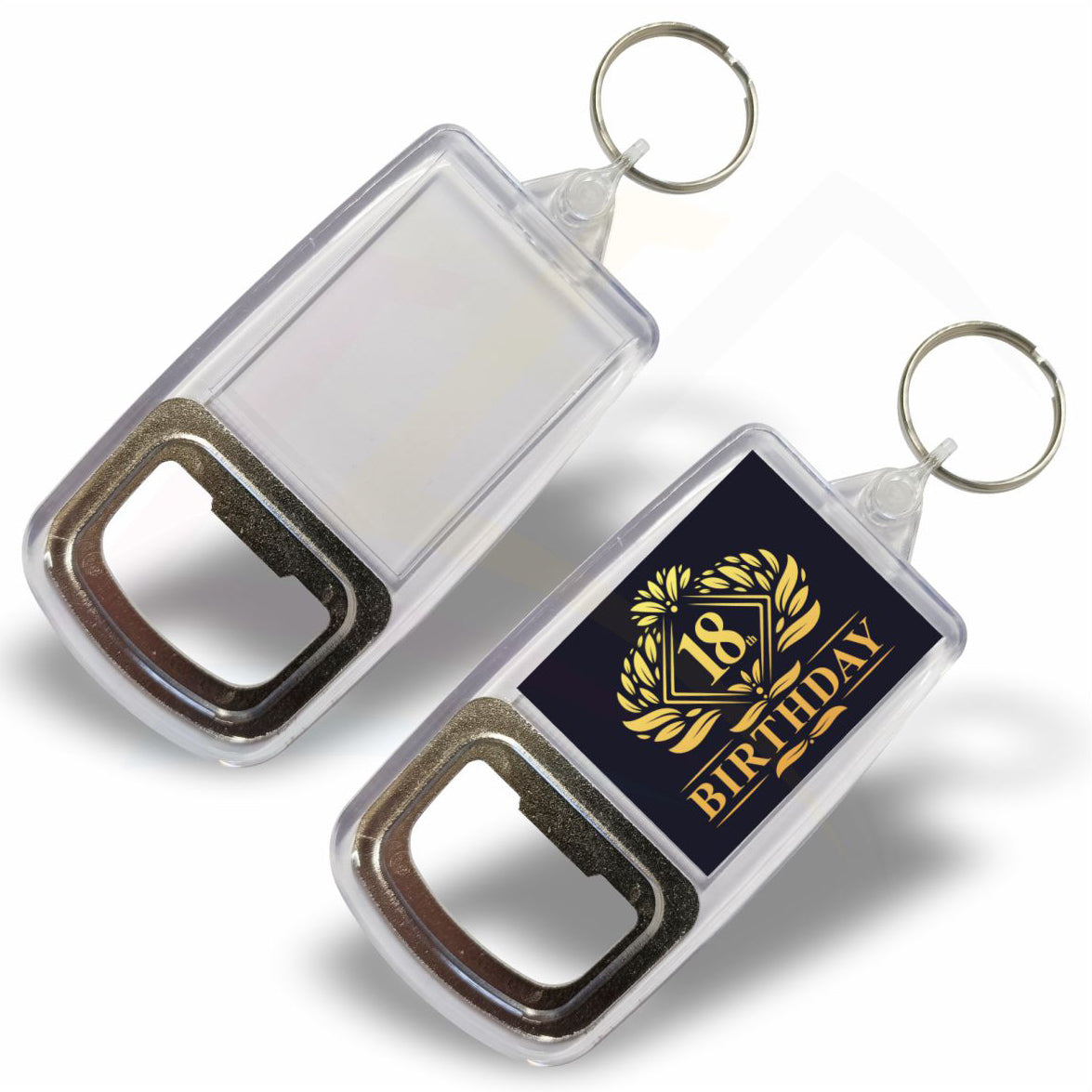 R2-10 Rectangular 45x35mm Photo Insert Acrylic Bottle Opener Keyring - Blank or Printed - Pack of 10