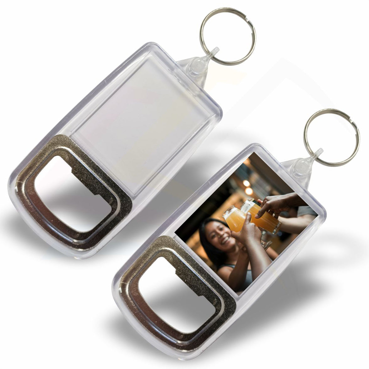 R2 Rectangular 45x35mm Photo Insert Acrylic Bottle Opener Keyring - Blank or Printed - Pack of 50
