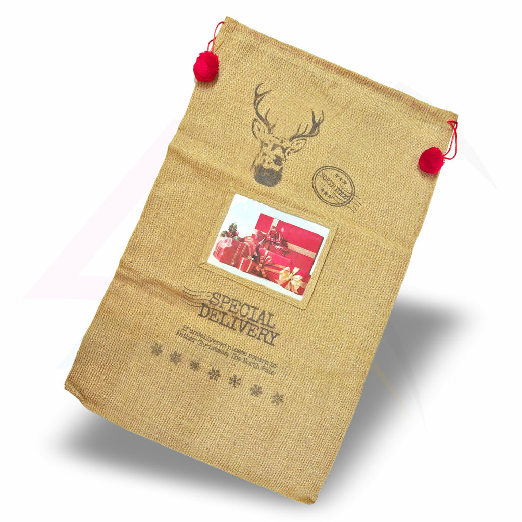 XSS68-12 Xmas Santa Sacks Natural Jute - 203x152mm 8x6" Photo Insert - Blank or Printed - Pack of 12