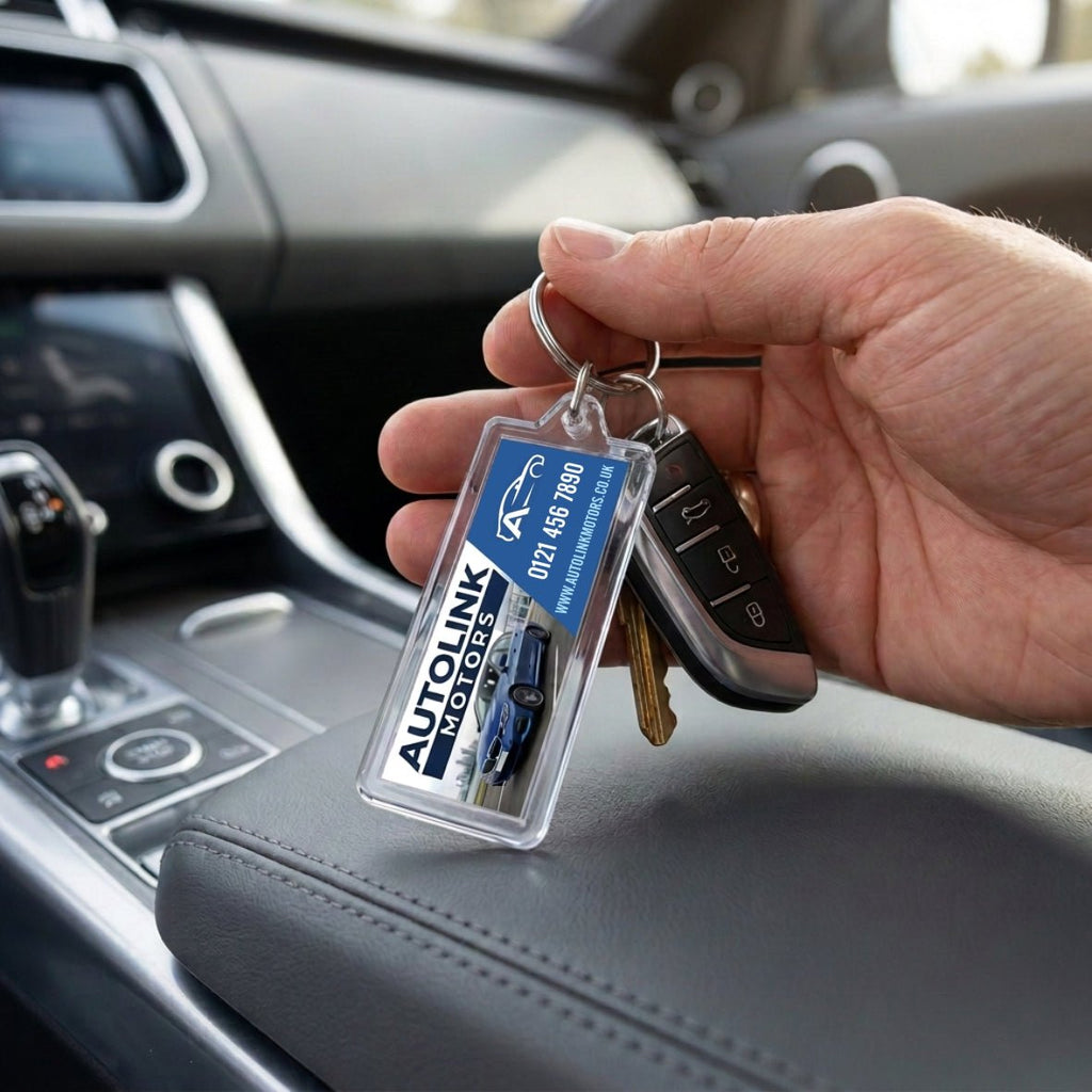 CR-18 Rectangular Acrylic Keyring – 50x18mm Photo Insert - Blank or Printed